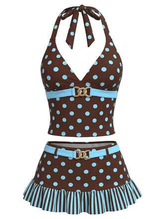 Ensemble tankini marron foncé à pois années 50