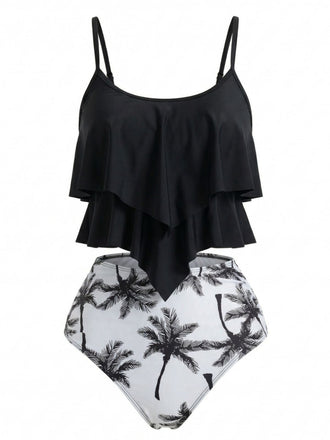 Ensemble tankini noir à volants avec cocotiers