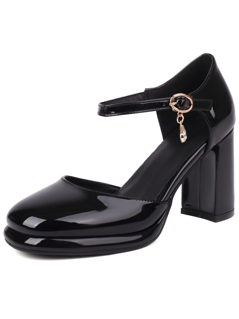 Escarpins cuir noire verni bride cheville talon bloc