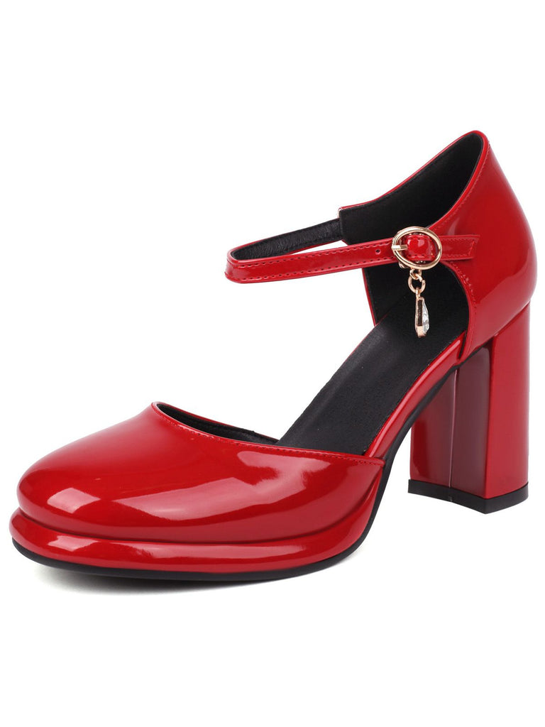 Escarpins cuir rouge verni bride cheville talon bloc
