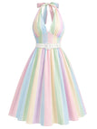 [Prévente] Robe dos nu rayée arc-en-ciel avec ceinture années 1950