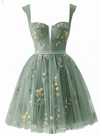 Robe courte verte en dentelle florale brodée années 1970