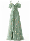 Robe fendue en tulle Lac Verte brodé de fleurs années 1970