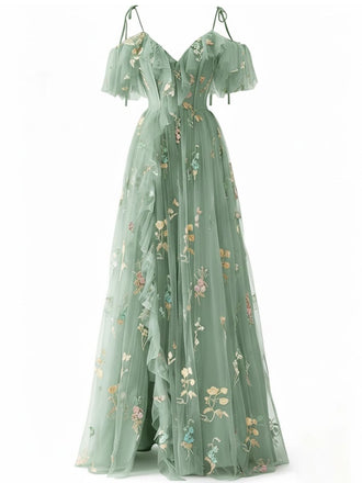 Robe fendue en tulle Lac Verte brodé de fleurs années 1970