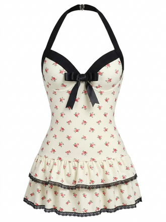 [Prévente] Maillot de bain une pièce Beige à pois et nœud des années 1940