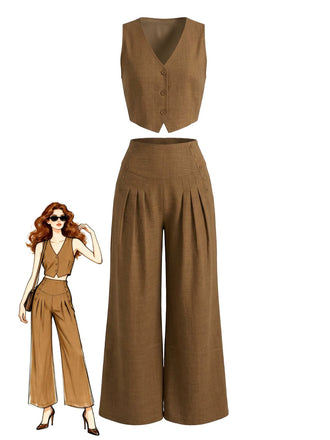 Ensemble 2 pièces marron années 40 : gilet col V et pantalon large - style vintage et rétro