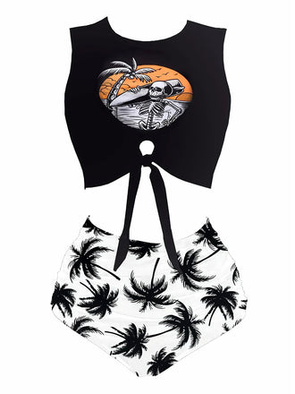 [Prévente] [Grande taille] Ensemble tankini squelette de plage avec nœud sur le devant années 1980