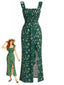 Robe Col Carré Fendue à Petites Fleurs Vert Années 30