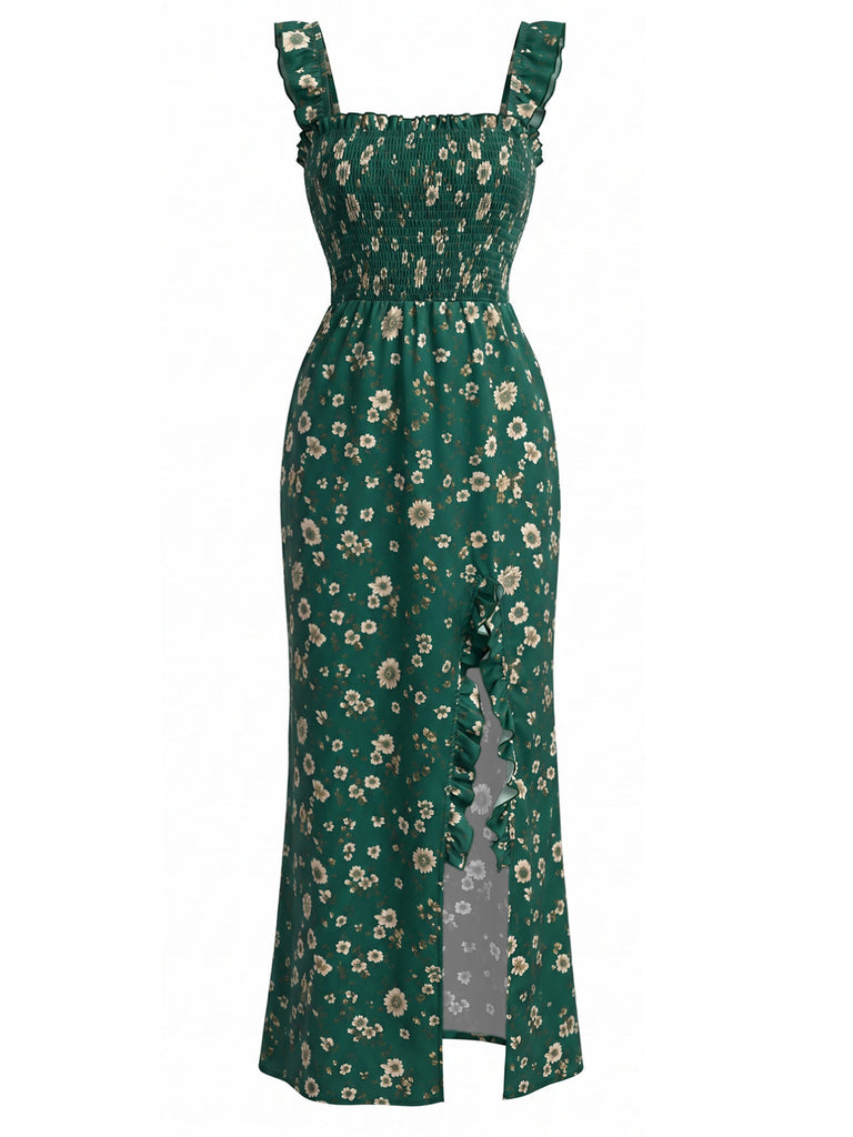 Robe Smockée Col Carré Fendue à Petites Fleurs Vert Années 30