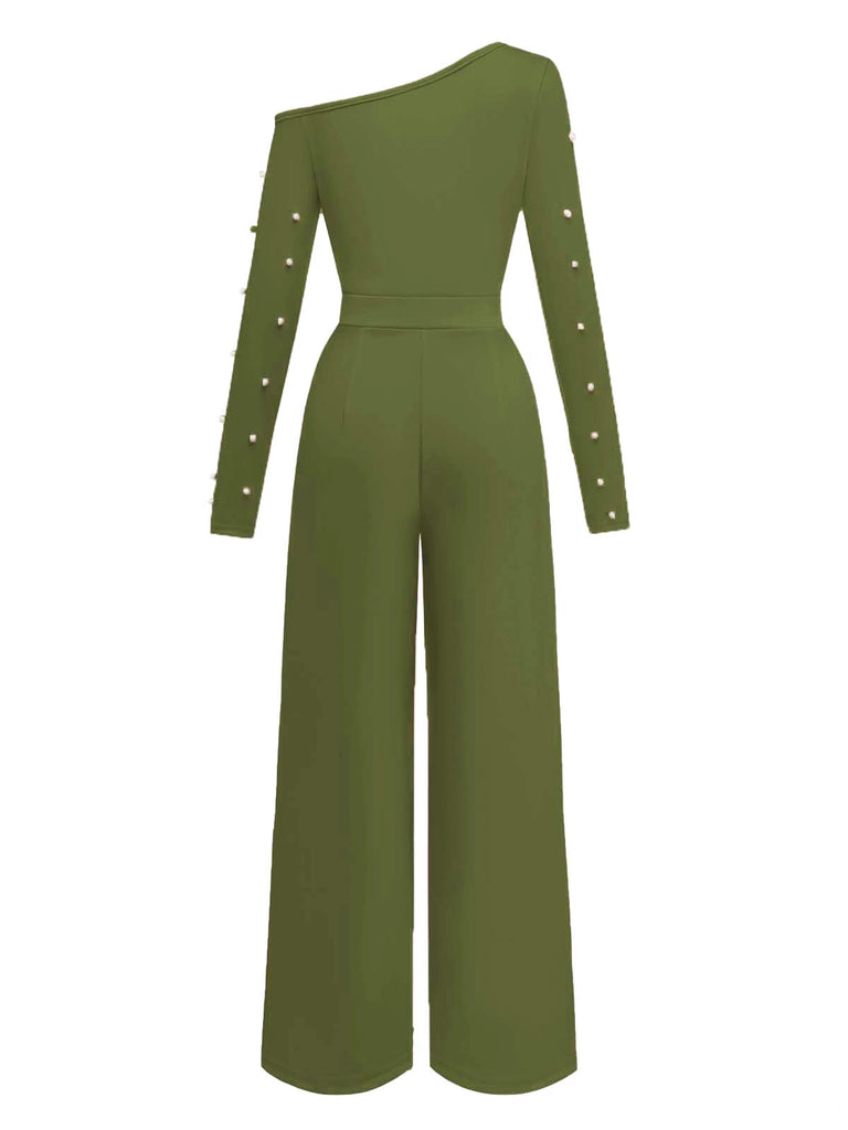 Green jumpsuit with pearl details on a white background