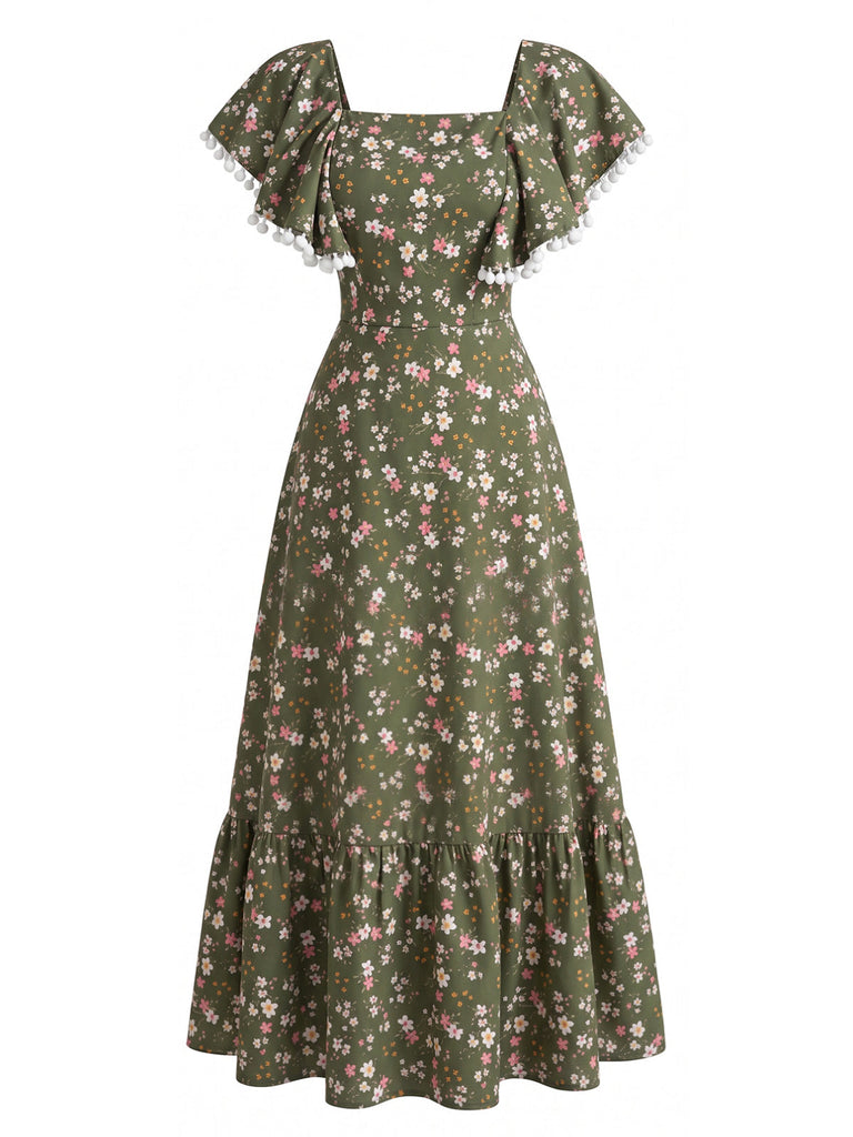 Robe Florale Col Carré Manches à Volants Verte Années 1940 2