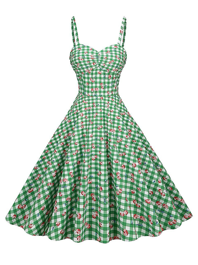 Robe Vichy Cerise Coton Bretelles Fines Verte Années 1950