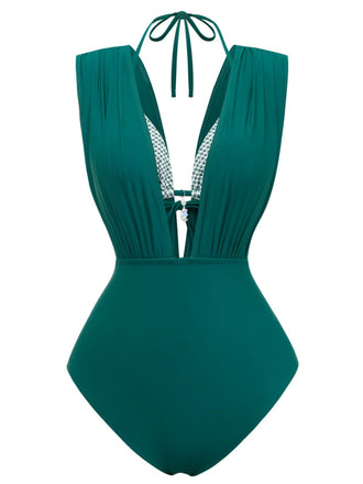 Retro plaid halter bikini and deep V ruched swimsuit combination featuring classic 1960s design perfect for summer poolside activities