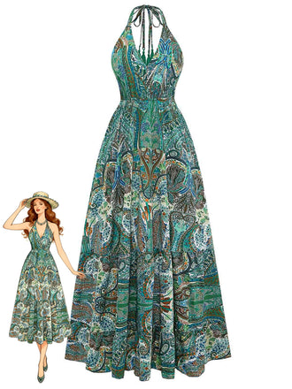 Robe Longue Paisley Halter Col V Profond Dos Nu Verte Années 1970