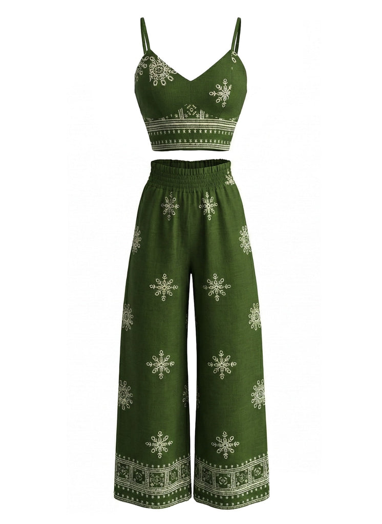 Ensemble 2 Pièces Haut à Bretelles Fines Floral & Pantalon Vert Années 1970 2