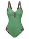 Green leopard print one-piece swimsuit front view featuring vibrant animal pattern ideal for tropical getaways and summer poolside style