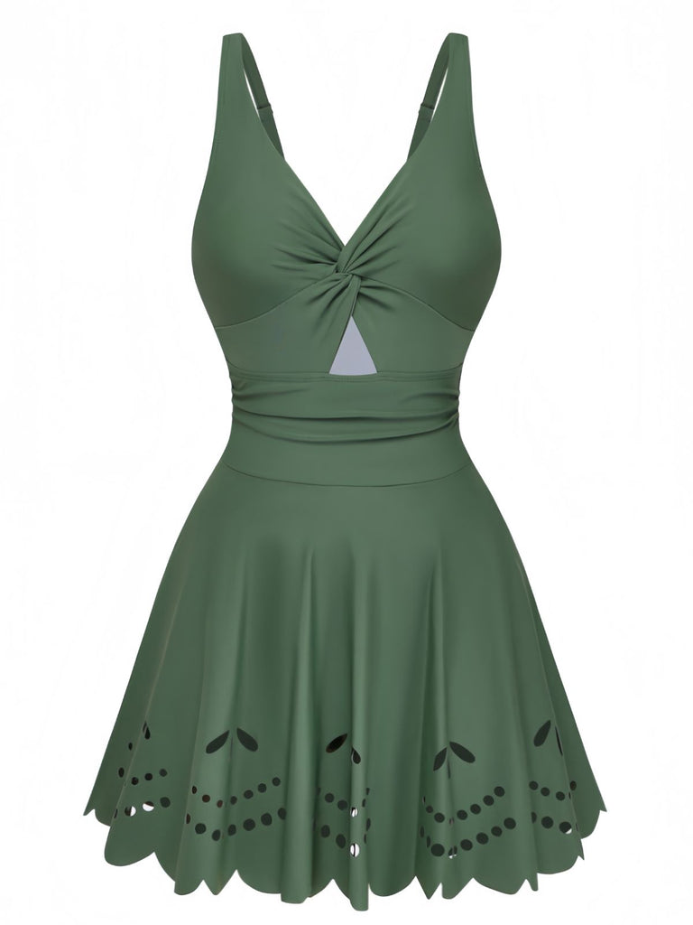 Uni Torsadé Devant Ajouré Maillot de Bain à Jupe Une Pièce Années 1930 6