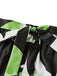 Close-up of a black, white, and green patterned fabric with a bow.