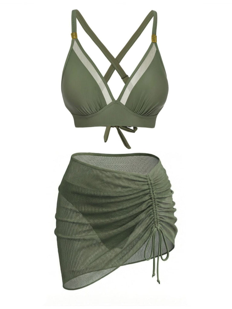 Front: 3PCS 1950s Solid Metal Button Bikini Set, elegant vintage style, perfect for vintage fashion lovers