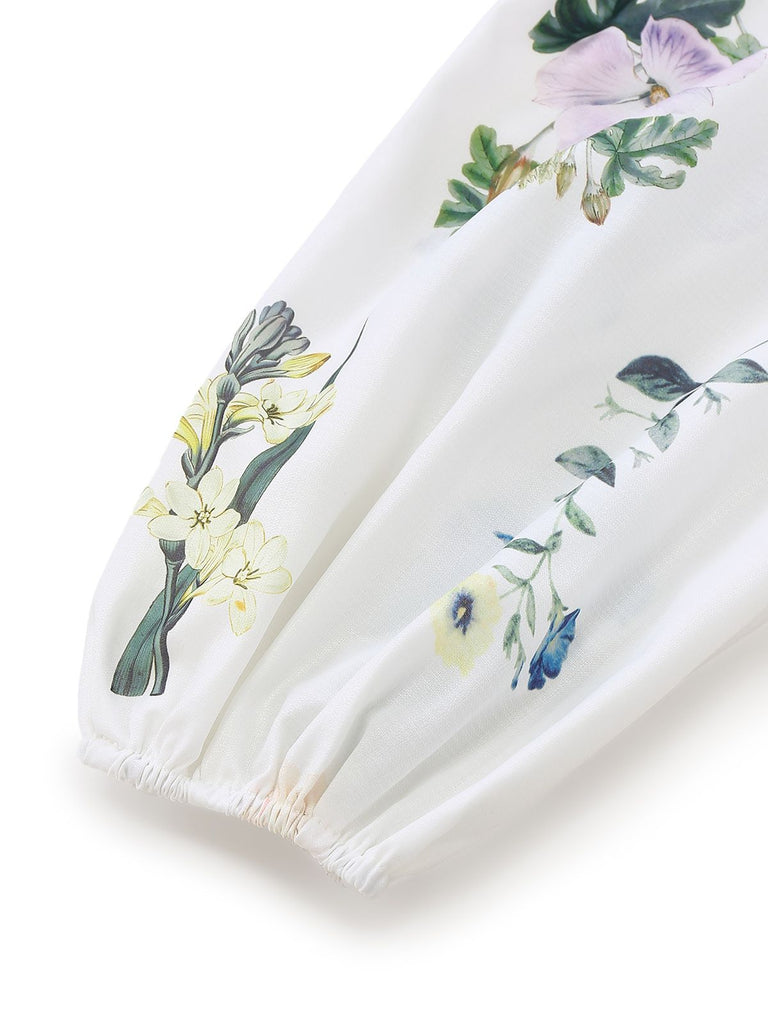 2PCS Ensemble Blouse Lin Fleurie Short Blanc Année 1960