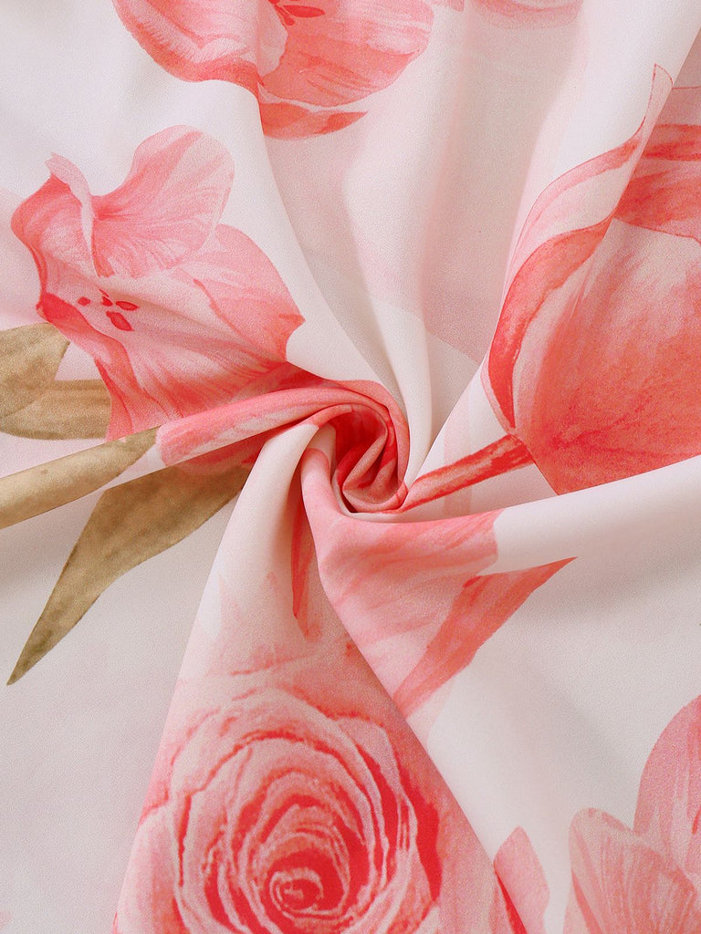 Robe longue rose à imprimé floral col en V et manches bouffantes années 1950