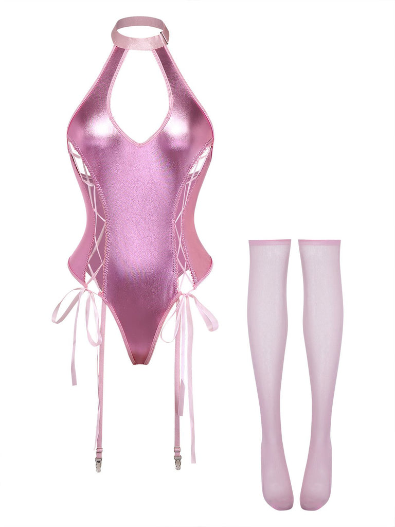 Ensemble De Lingerie Body Bretelles Nues Cuir Verni À Lacets Année 1980