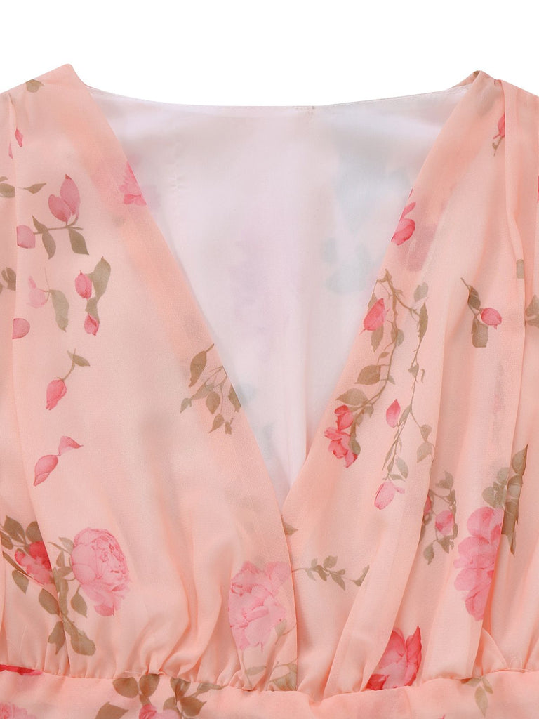 Robe en mousseline rose pâle à fleurs et col en V années 1930