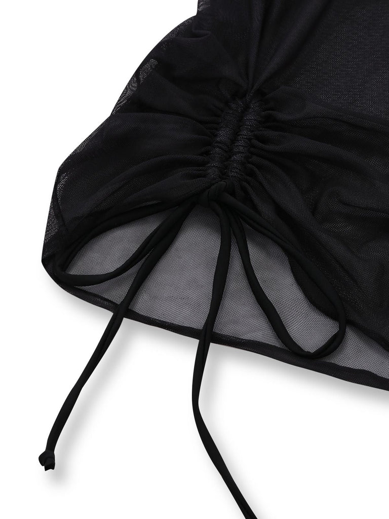 3PCS Bikini licou maille noir avec paréo 1960s