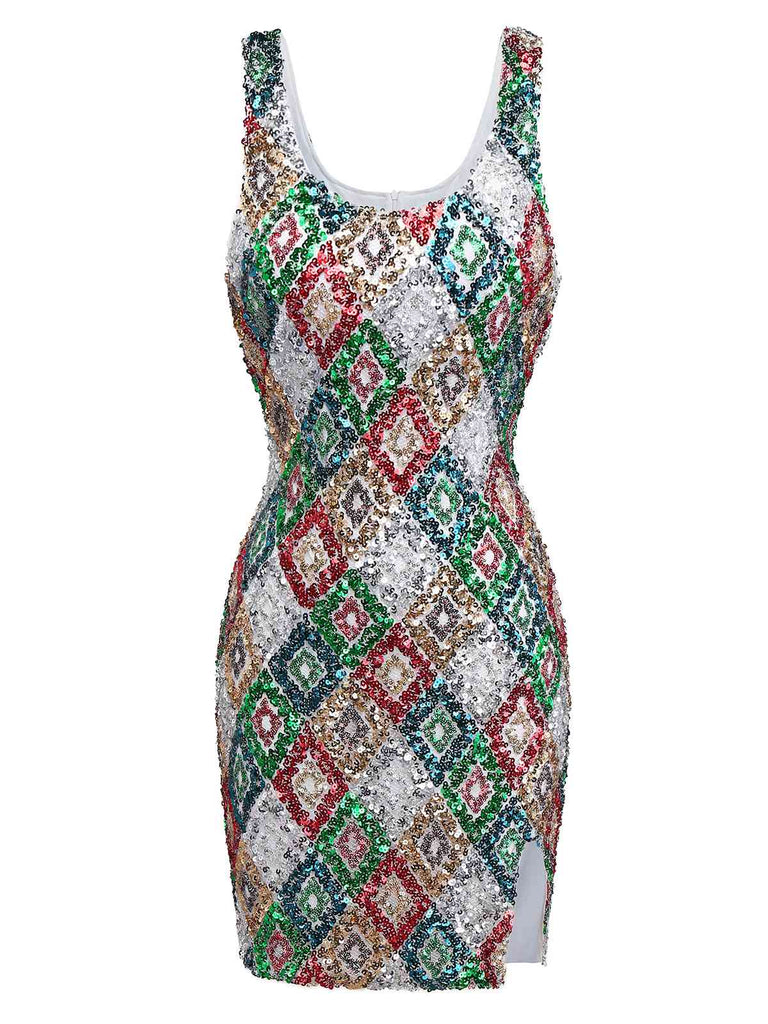 Robe moulante multicolore à paillettes Argyle des années 1970