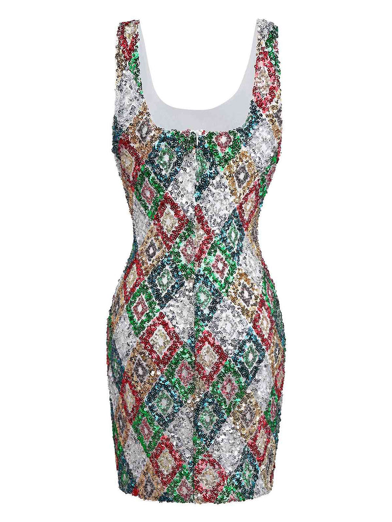 Robe moulante multicolore à paillettes Argyle des années 1970