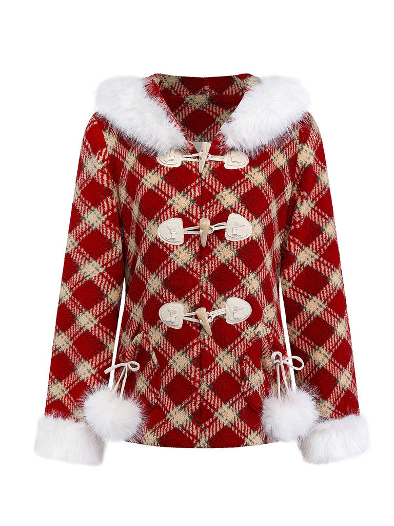 [Prévente] Manteau polaire à carreaux rouge avec col en fourrure années 1940