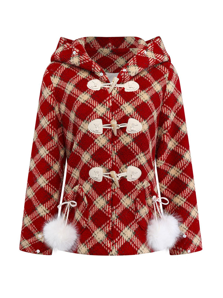 [Prévente] Manteau polaire à carreaux rouge avec col en fourrure années 1940