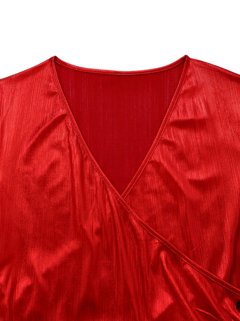 [Pré-vente] Robe moulante brillant rouge col en V et fente des années 1960