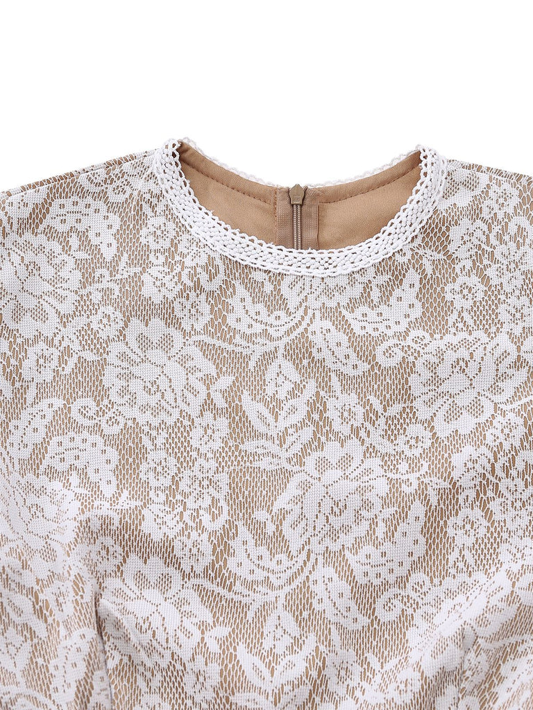 Combinaison blanche en dentelle manches longues jambes évasées 1970s