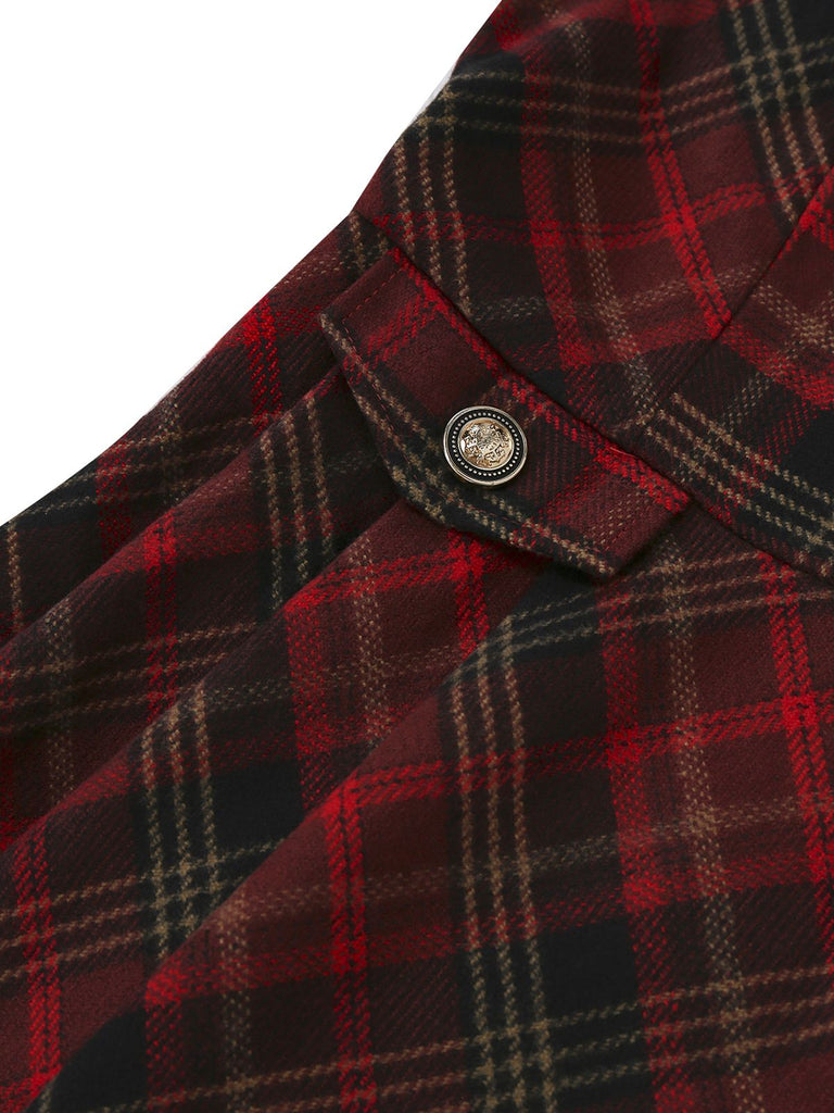 2PCS Chemisier col claudine et robe trapèze à carreaux rouge des années 1940