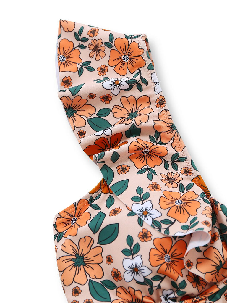 Maillot de bain une pièce à volants et découpes florales nœud sur le devant années 1930