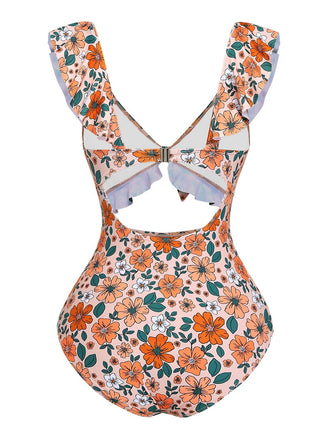 Maillot de bain une pièce à volants et découpes florales nœud sur le devant années 1930