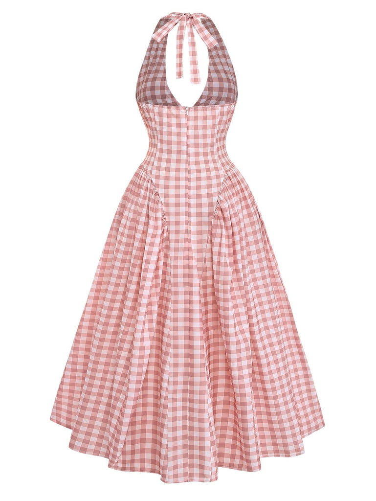 Robe longue évasée sans manches col V carreaux vichy rose années 1940