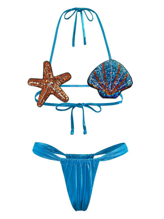 Bleu Coquillage & Étoile de Mer Ensemble Bikini Années 1970 2
