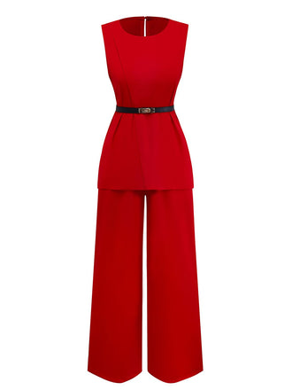 2PCS Ensemble Gilet Sans Manches Pantalon Ceinturé Années 1960