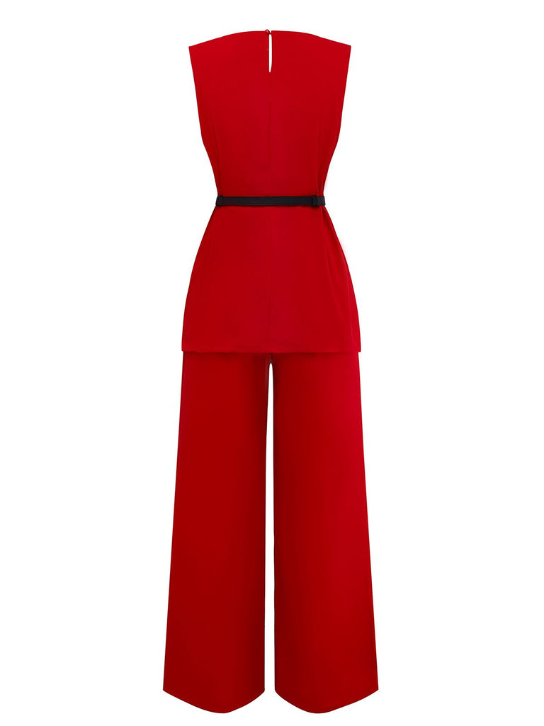 2PCS Ensemble Gilet Sans Manches Pantalon Ceinturé Années 1960