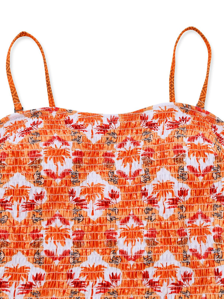 Maillot de bain orange imprimé cocotier tropical années 1960