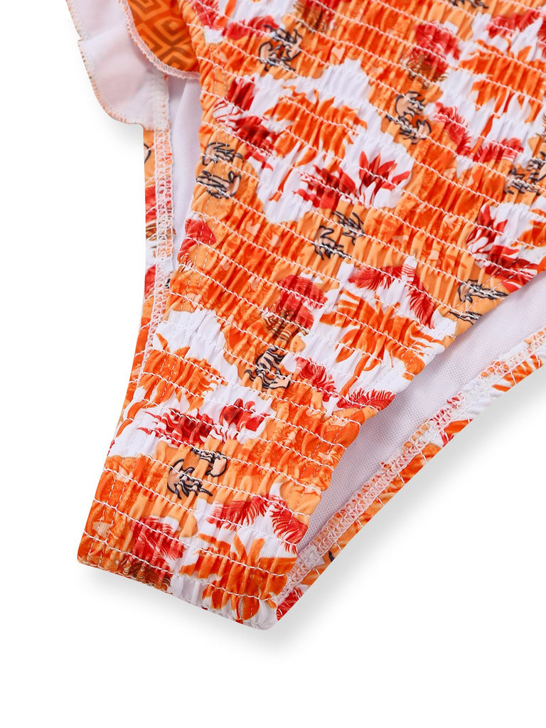 Maillot de bain orange imprimé cocotier tropical années 1960