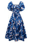 Robe bleue à fleurs manches bouffantes épaules dénudées années 1940