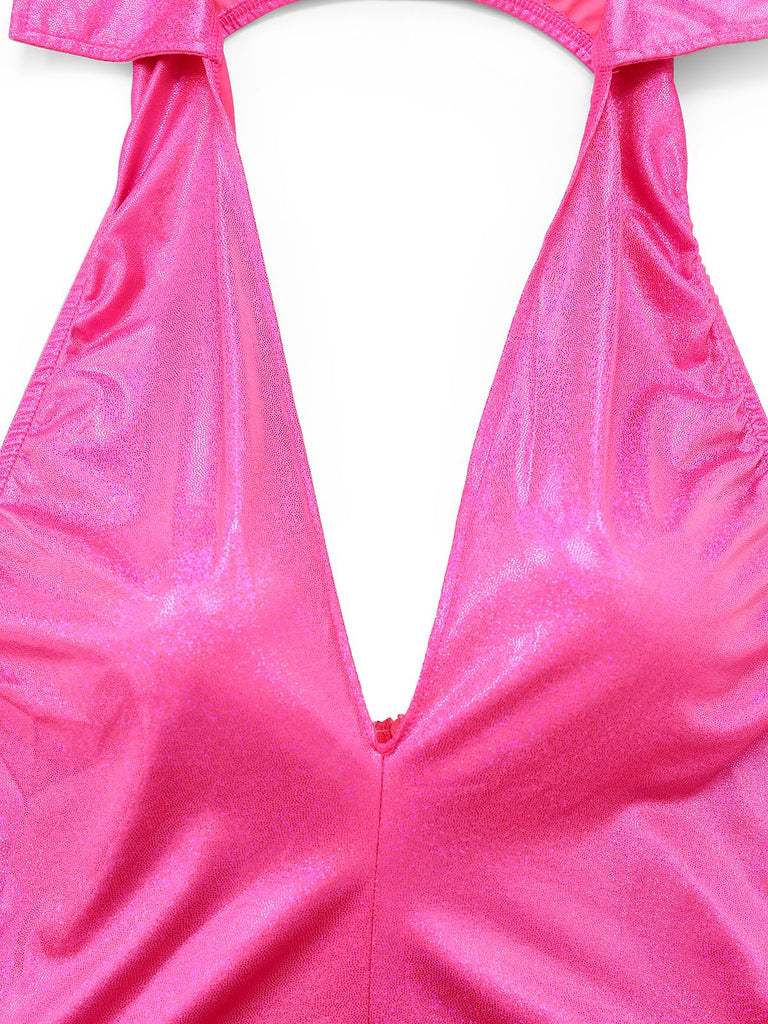 Combinaison disco rose métallisée à décolleté plongeant années 1970