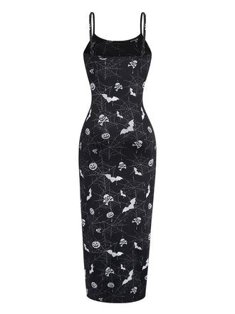 Robe mi-longue fendue noire à imprimé Halloween années 1930