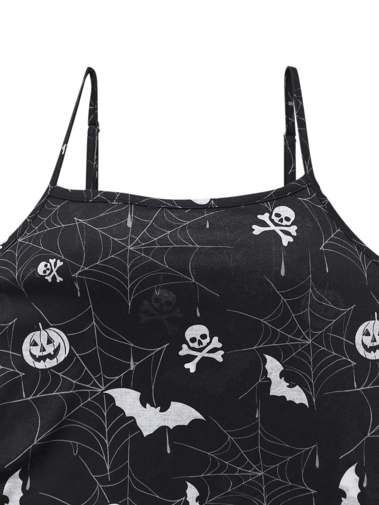 Robe mi-longue fendue noire à imprimé Halloween années 1930