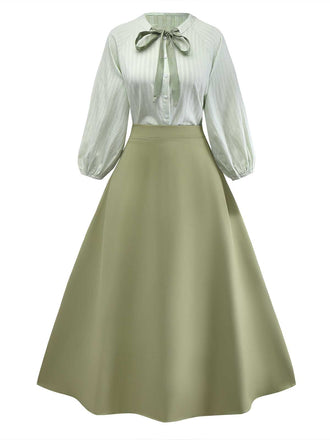 2PCS Chemisier vert col noué et jupe trapèze des années 1980