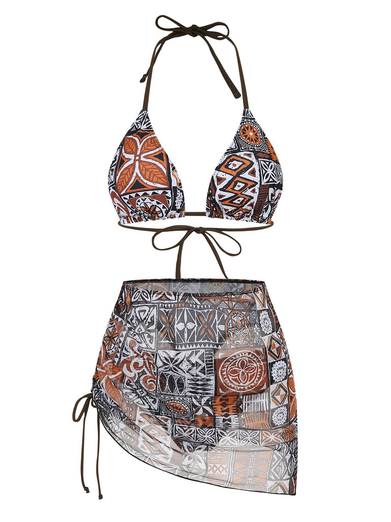 3PCS Ensemble bikini triangle à imprimé tribal et paréo années 1970