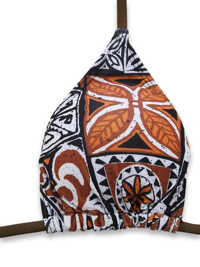3PCS Ensemble bikini triangle à imprimé tribal et paréo années 1970